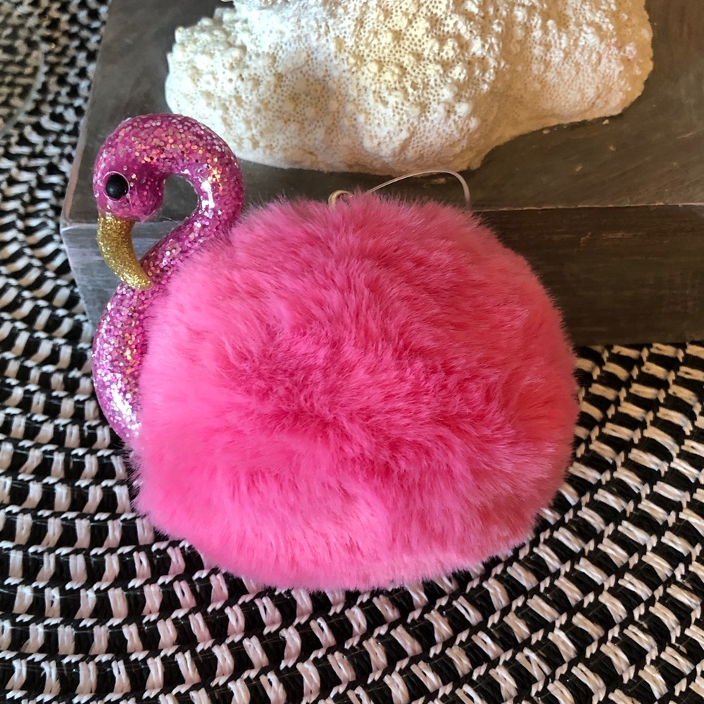 New/tag Bath & Body Works Hot Pink Flamingo Pom Pom hand sanitizer holder w/clip